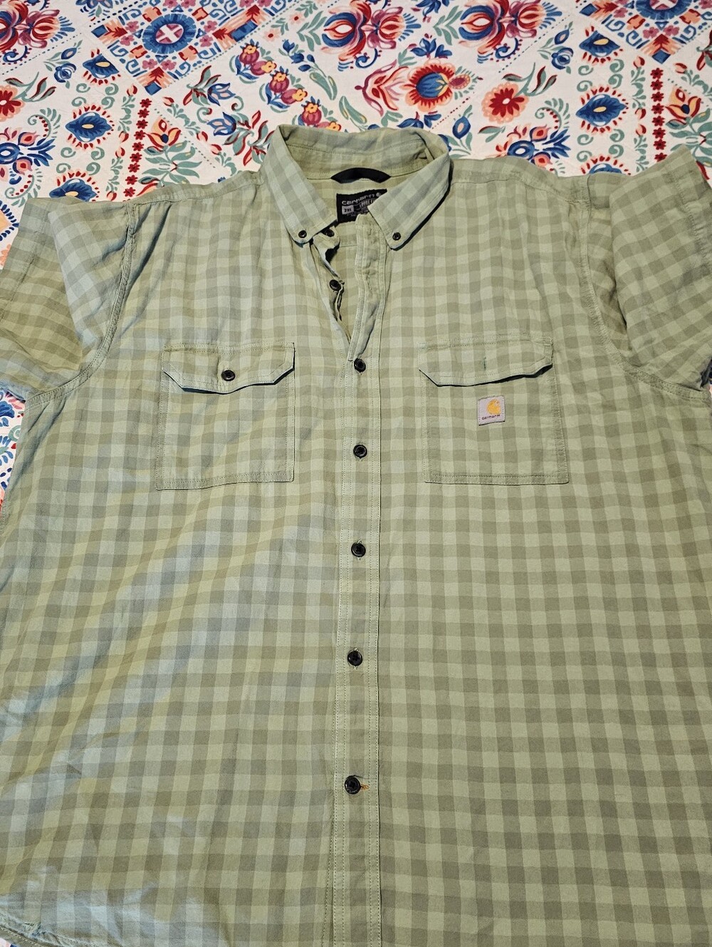Carhartt Men 2XL Loose Fit Plaid Short Sleeve Sage Green 105702 Bleach Flaw Guc